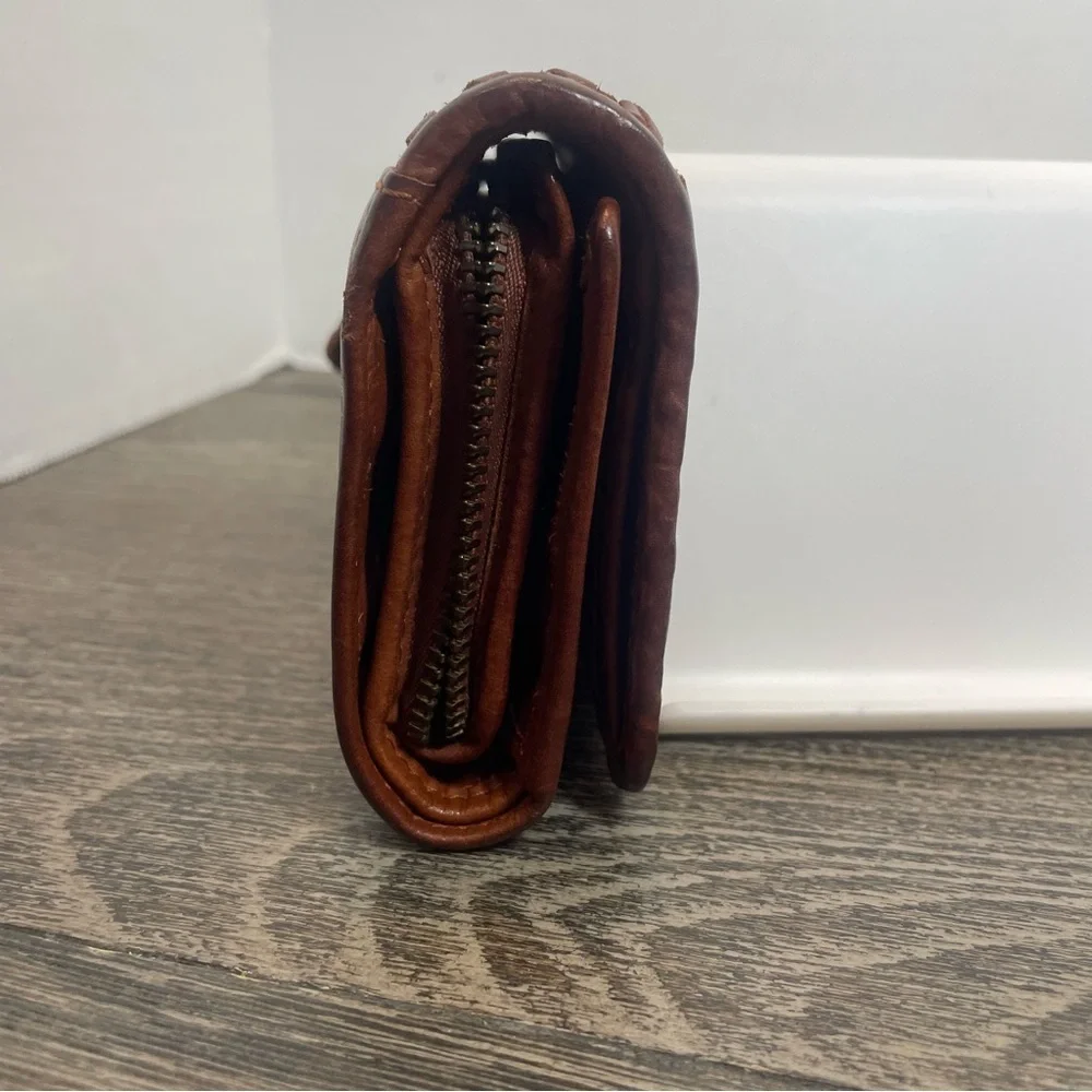 Tan Woven Leather Wallet with Artisanal Texture. Preowned. Spot on bottom.